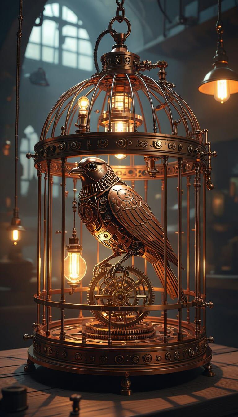 Steampunk Clockwork Bird in Elaborate Copper Cage
