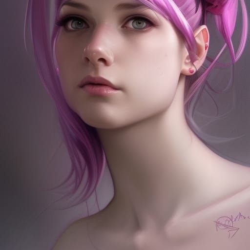 Elf Portrait with Pink Hair, Hyperdetailed Digital Art
