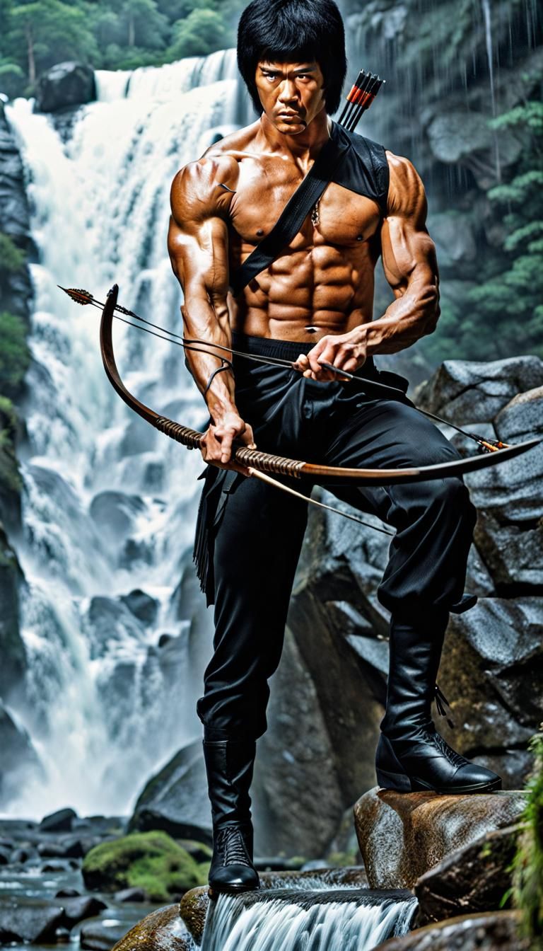 Hyperrealistic Bruce Lee Rambo with Bow and Arrow