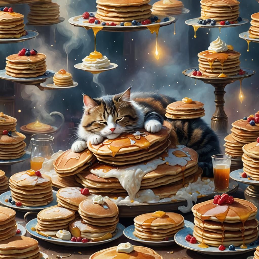 Cute Cat Napping on Pancakes: Ethereal Fantasy Art
