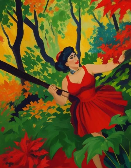 Woman Dancing in Forest: Fauvism Oil Painting