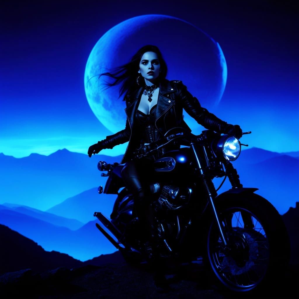 Gothic Woman on Motorcycle Under Neon Moon