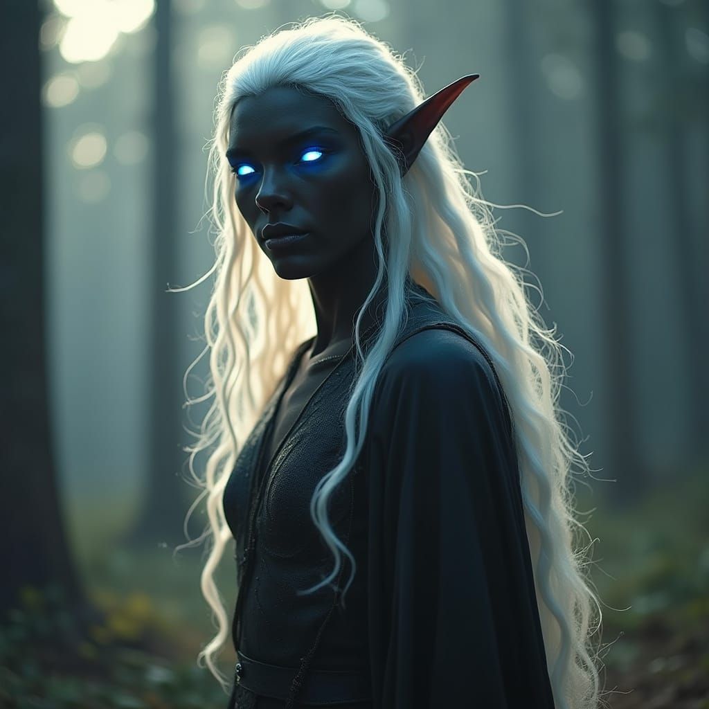 Black Elf with White Hair and Blue Eyes - Cinematic Film Sti...
