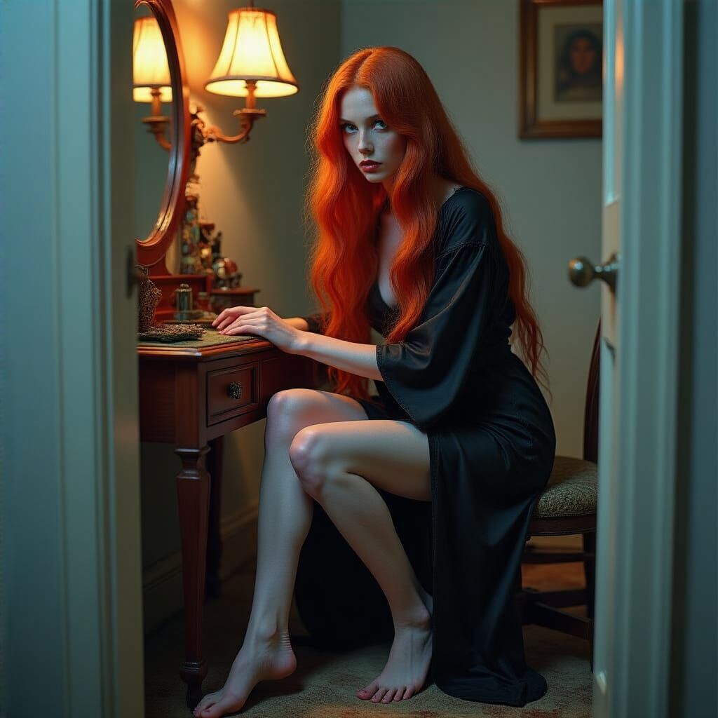 Cinematic Portrait of Woman at Dressing Table