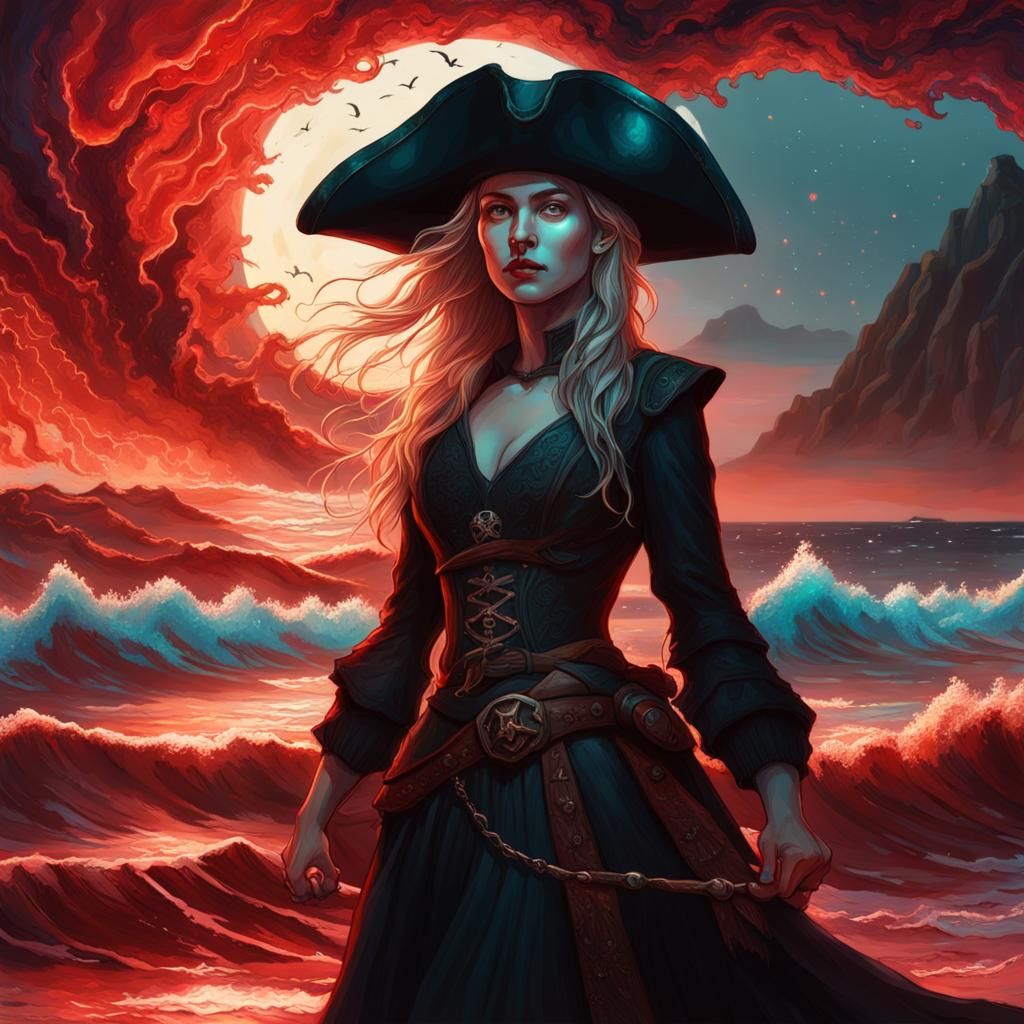 Young Woman Before Red Ocean, Holographic Illustration