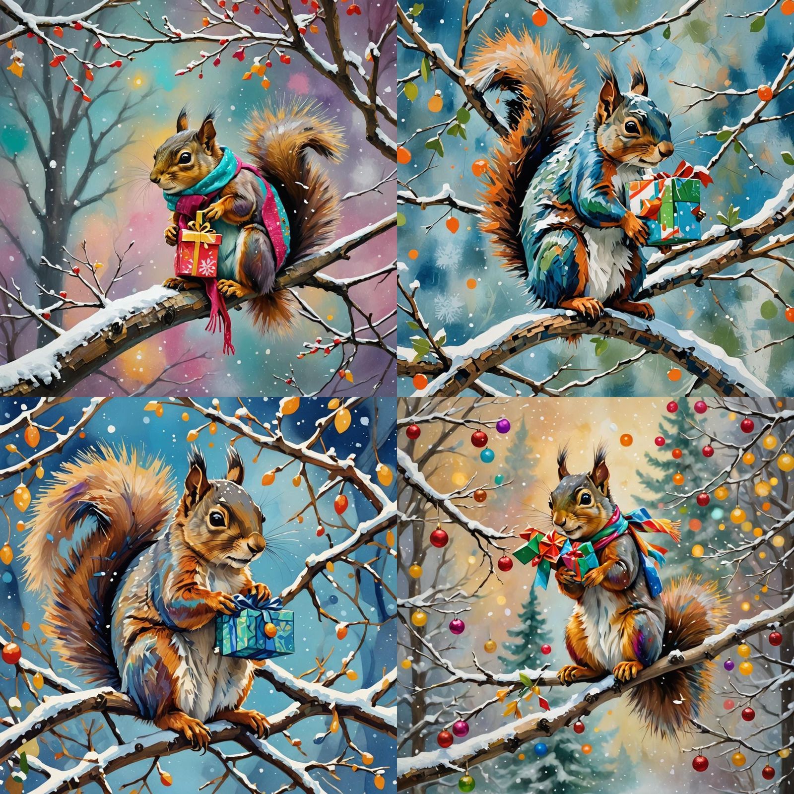 Squirrel with Christmas Gift on Snowy Branch