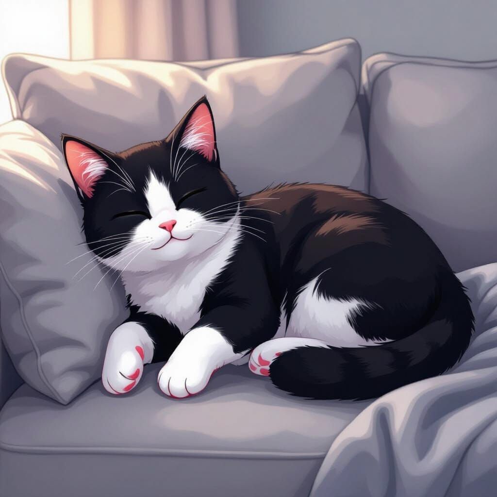 Sleepy Manga Cat Curled on Grey Couch