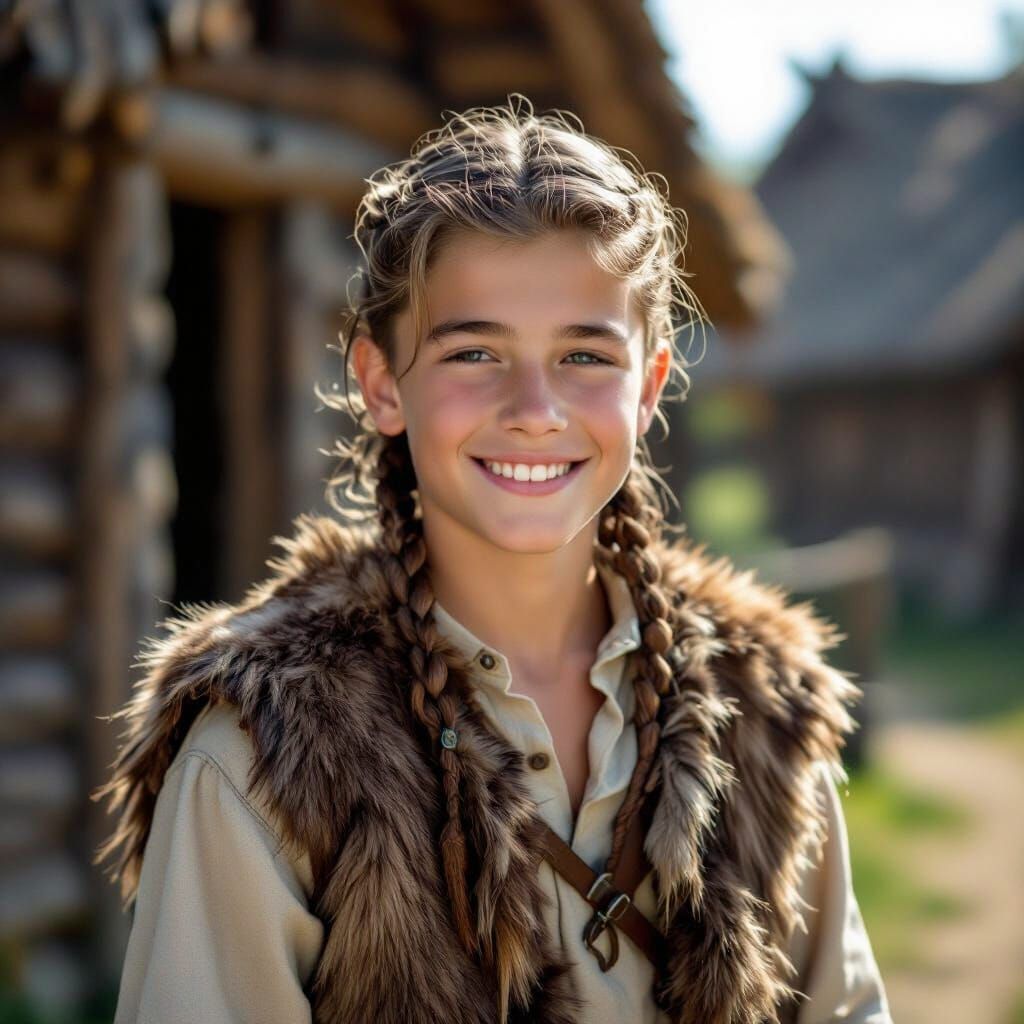Photorealistic Viking Teenager in Summer Village