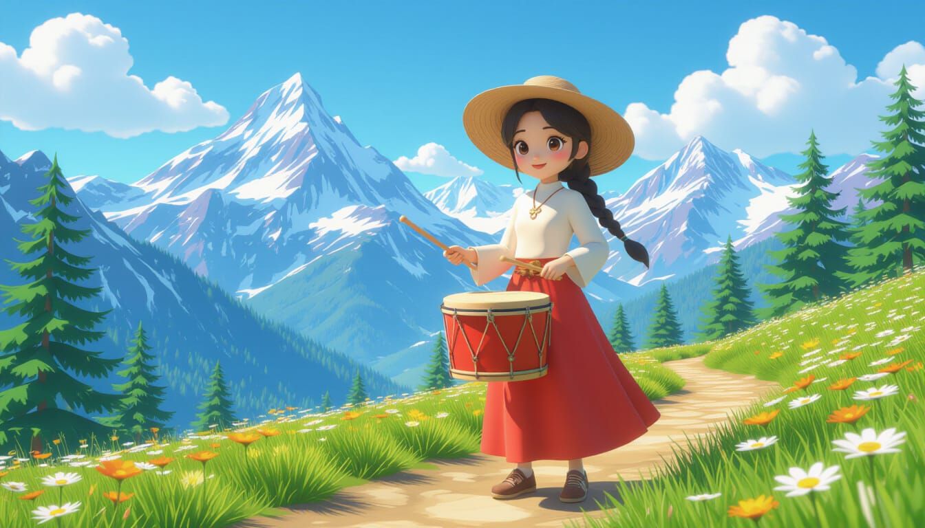 Cartoon Girl Drumming on Mountain Path in Anime Style