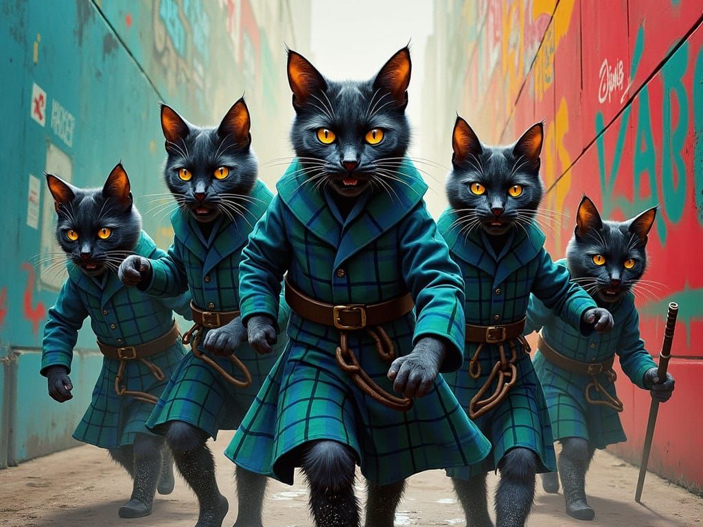 Fierce Black Watch Feline Warriors in Vibrant Graffiti