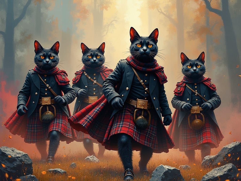 Martial Feline Warriors in Tartan Tribute