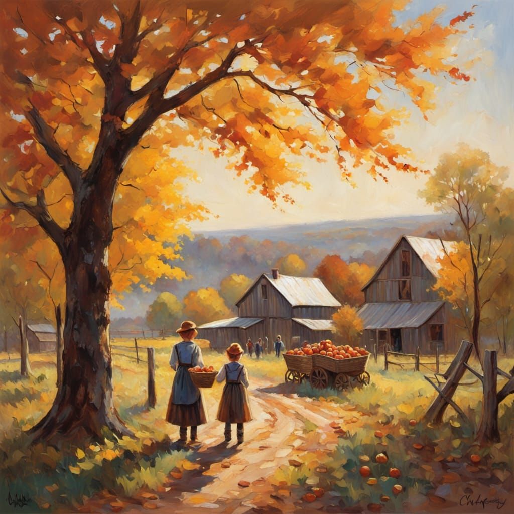 Impressionist Apple Picking Scene with Family in Warm Sunlig...