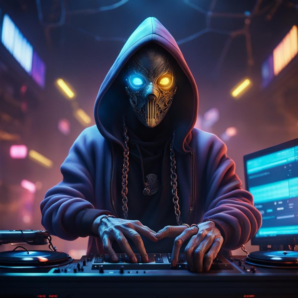 DJ with Glowing Mask in Detailed Matte Painting