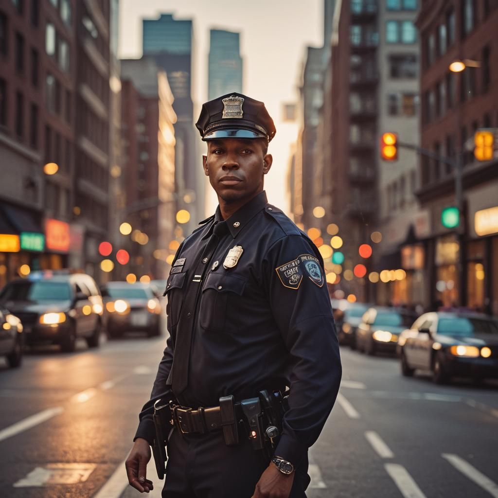 American Police Officer in City at Sunset