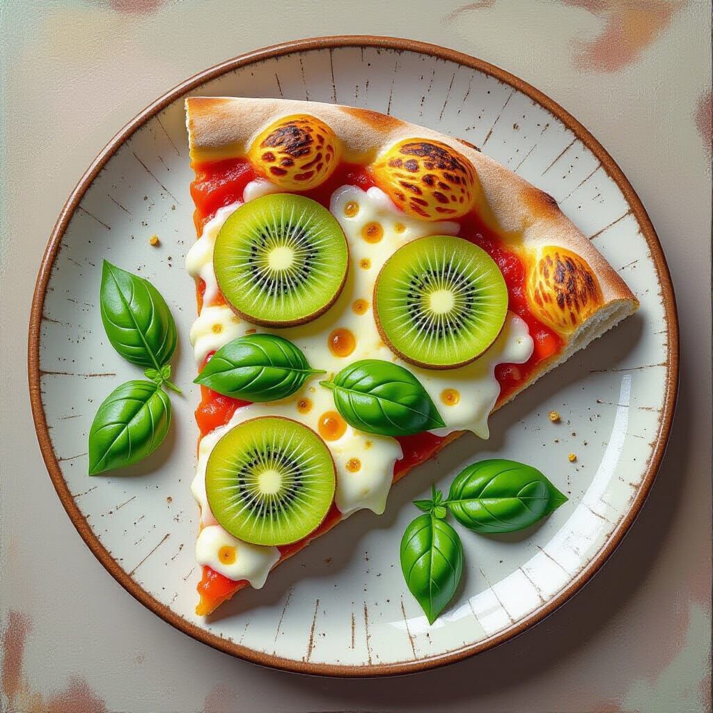 Kiwi Pizza Slice with Basil on Rustic Plate