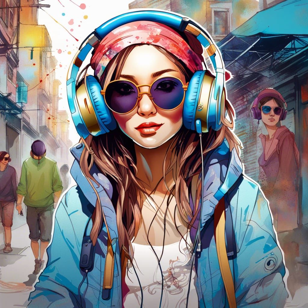 Stylish Woman with Headphones in Urban Setting