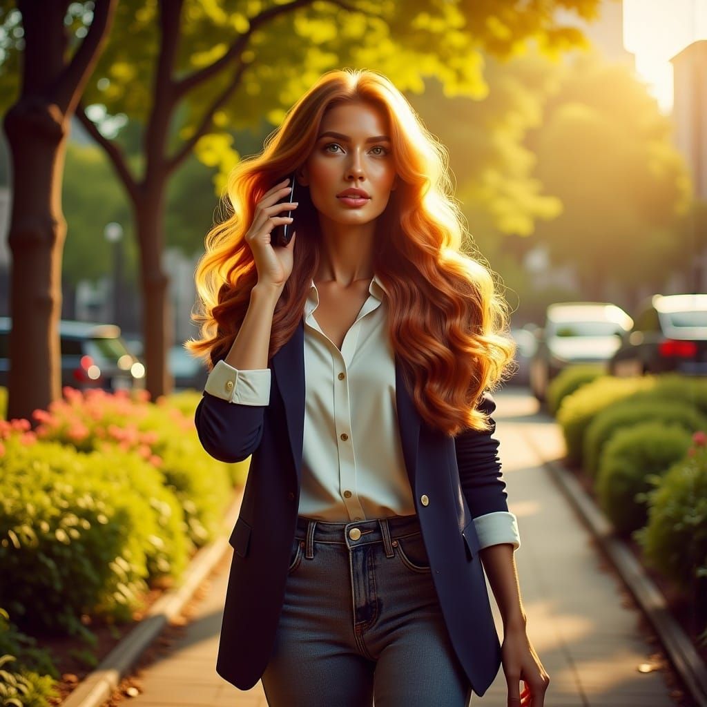 Woman in Park Talking on Phone: Cinematic Still
