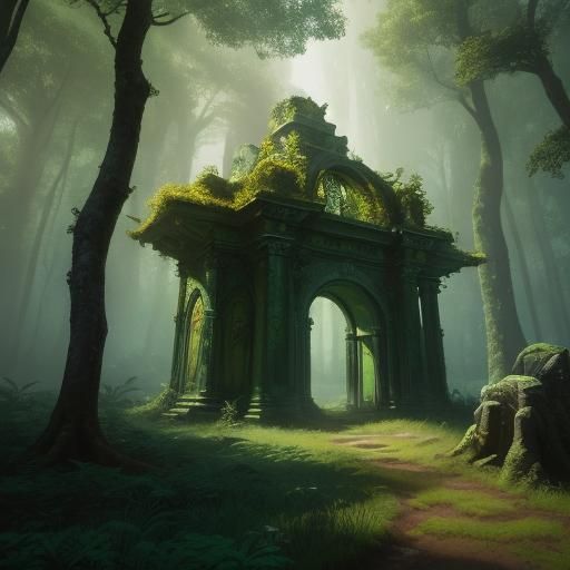 Ethereal Forest Portal with Figure in Emerald and Gold