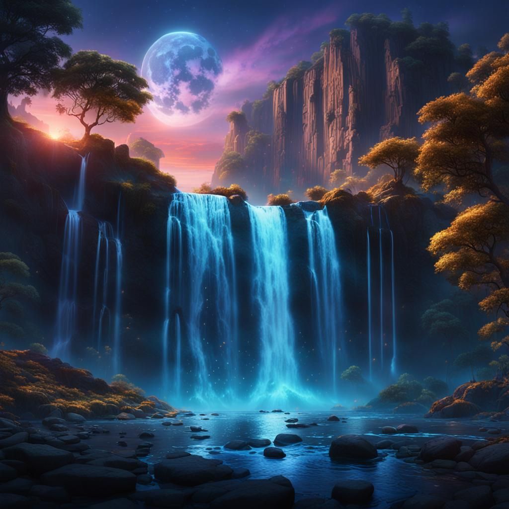 Futuristic Waterfall Scenery with Glowing Flora