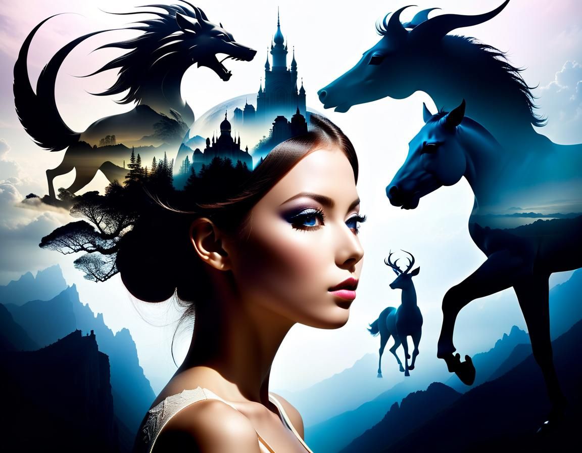 Surreal Double Exposure: Woman and Mythical Creatures