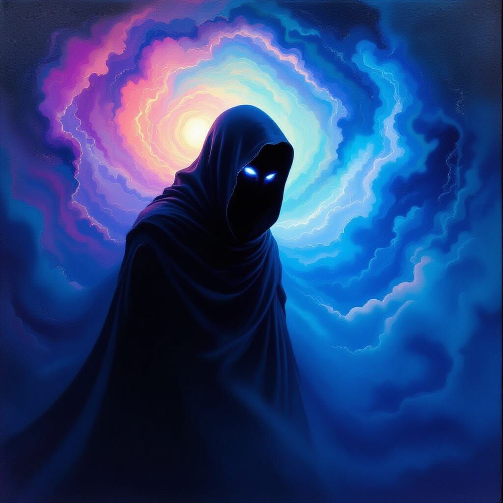 Mysterious Figure in Cosmic Nebula Surrealist Painting