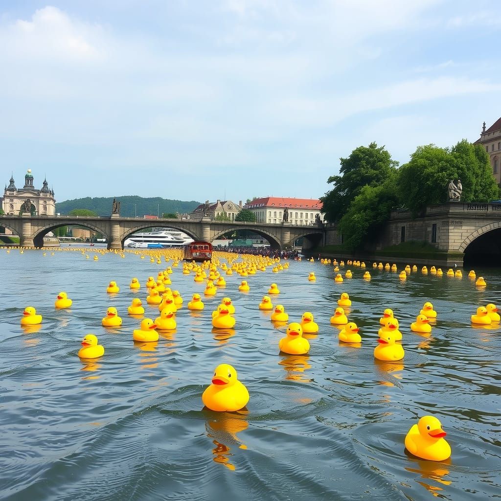 Rubber Ducks Adrift on the Rhine River in Germany