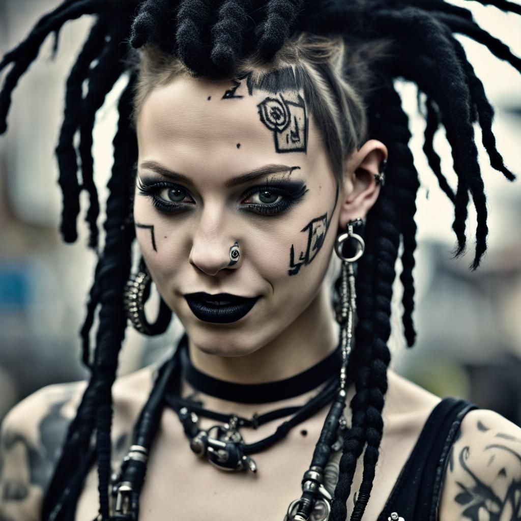 Hyperrealistic Portrait of a Punk Woman with Dreadlocks