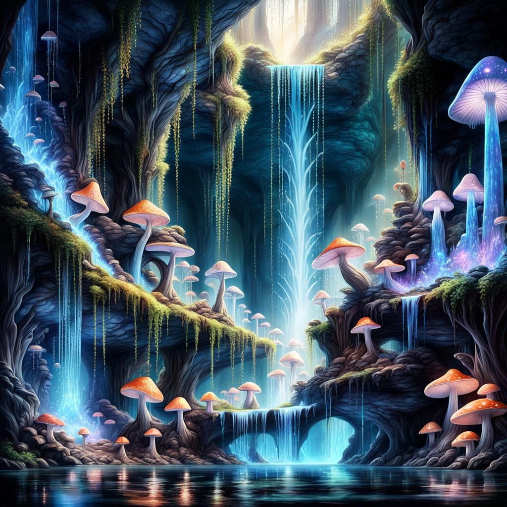 Opal Waterfall in Crystalline Cave with Fairy