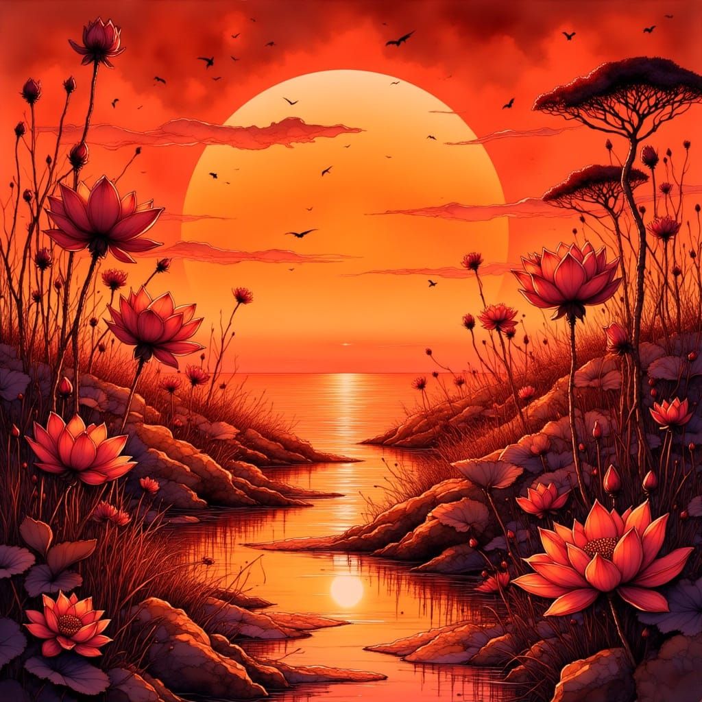 Vibrant Orange Landscape in 80s Anime Style