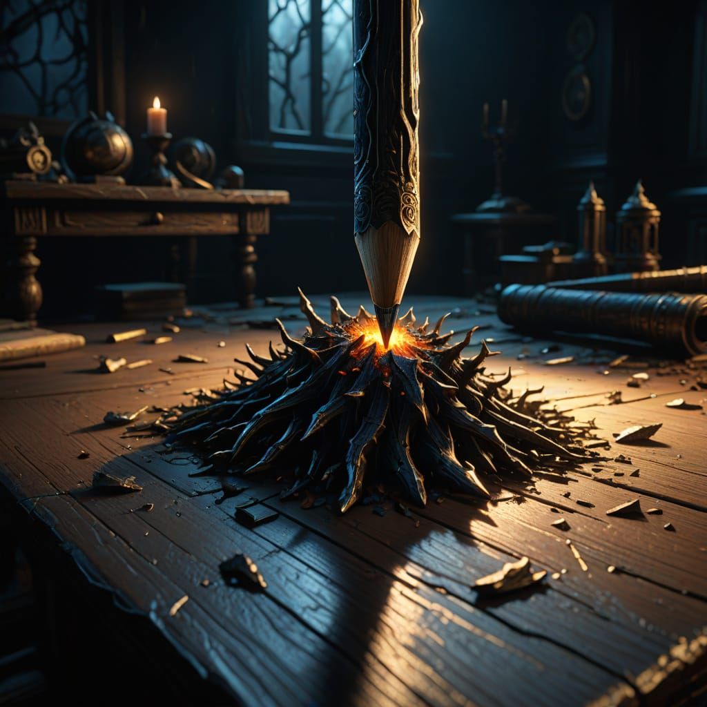 Ethereal Dark Fantasy Pencil Illuminated by Glowing Embers