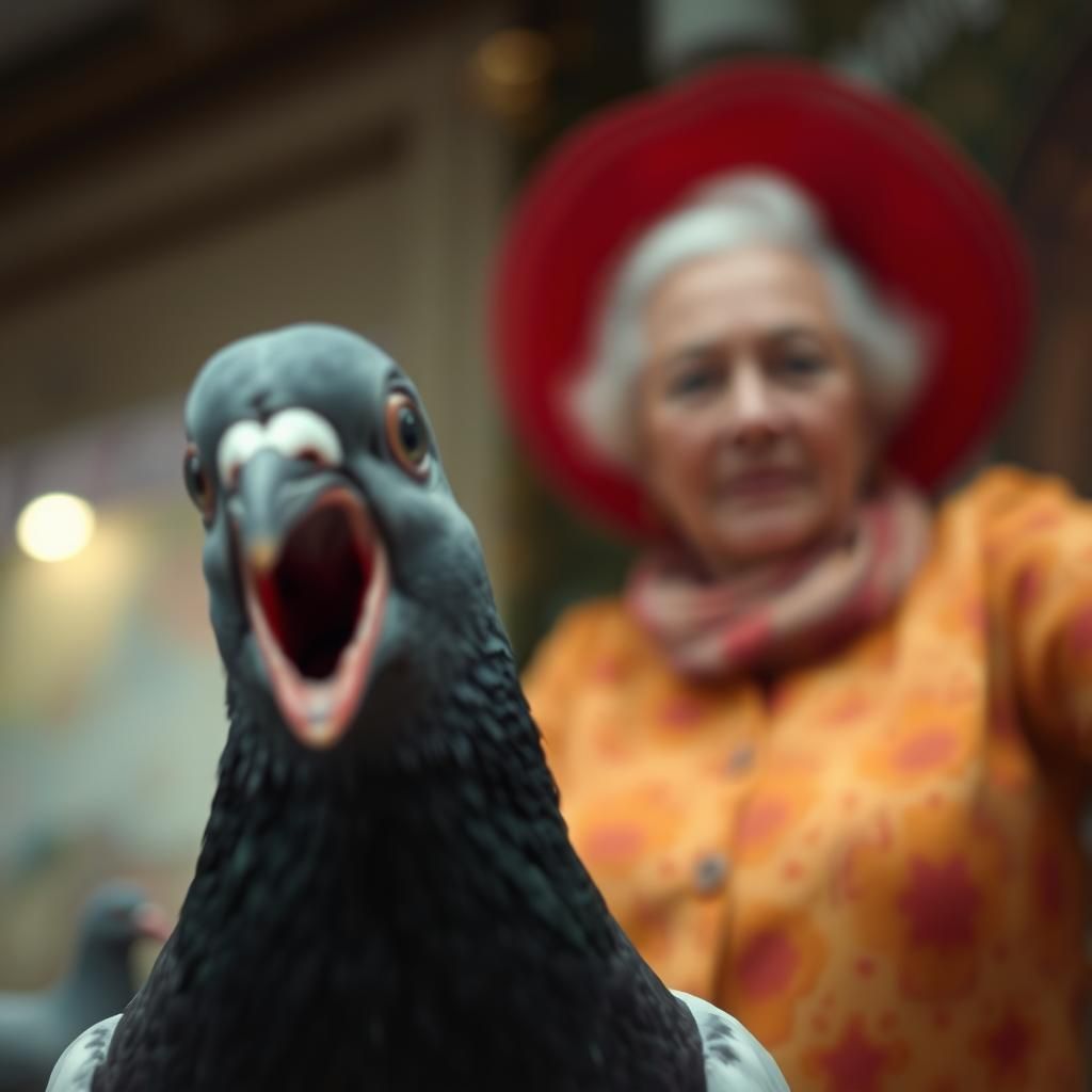 Photobombing Pigeon in Cinematic Film Still