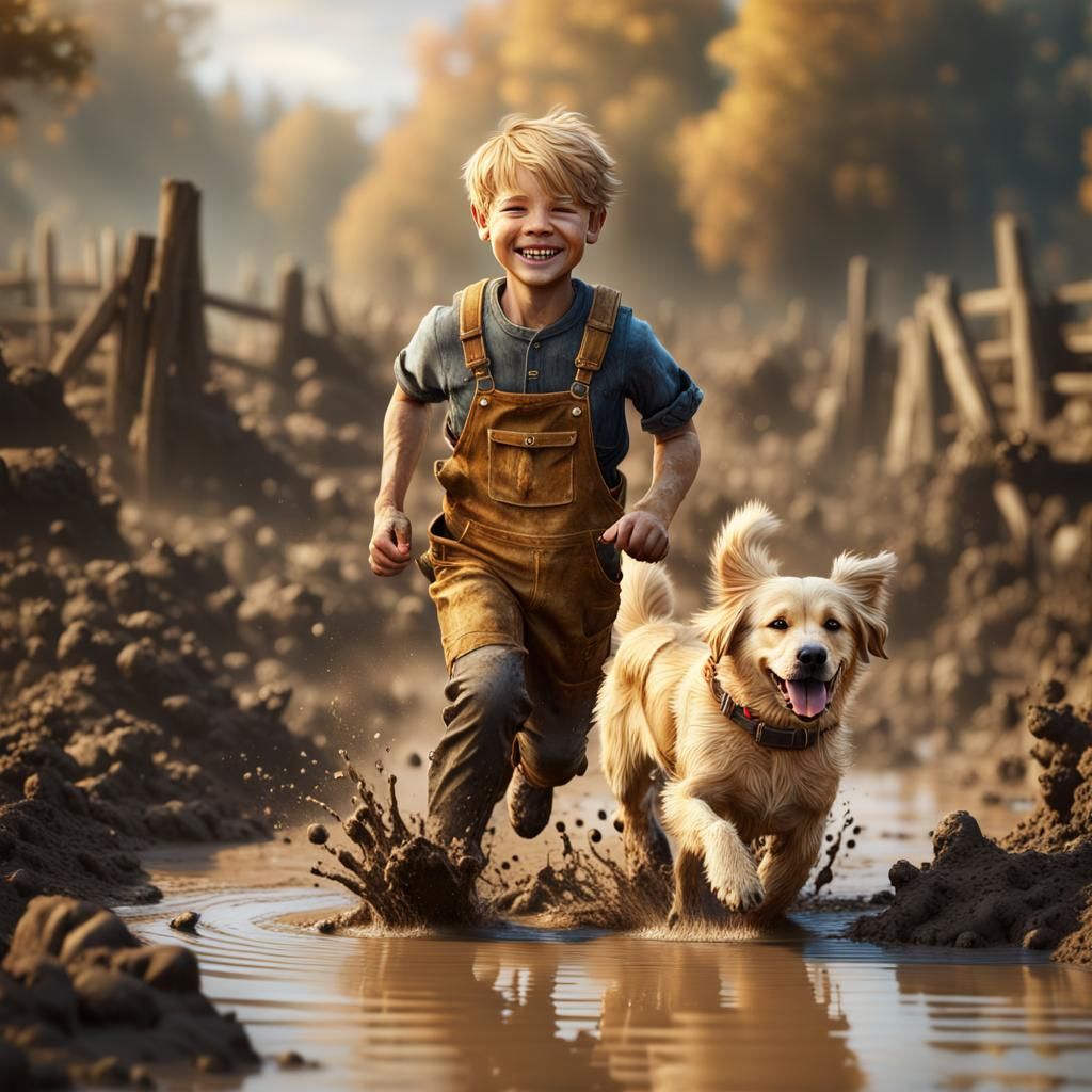 Boy and Golden Retriever Run Through Mud, Detailed Matte Pai...