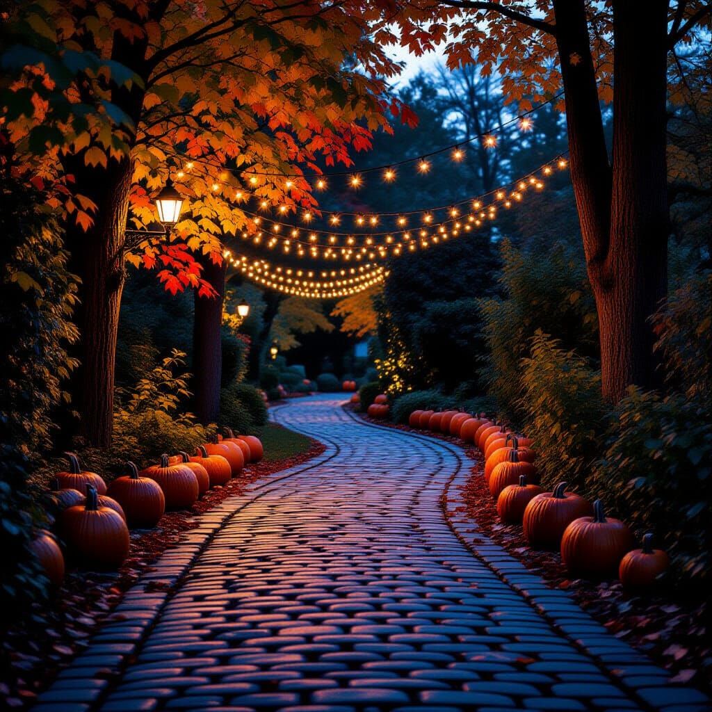 Cinematic Fall Night: Cobblestone Path with Lights and Pumpk...