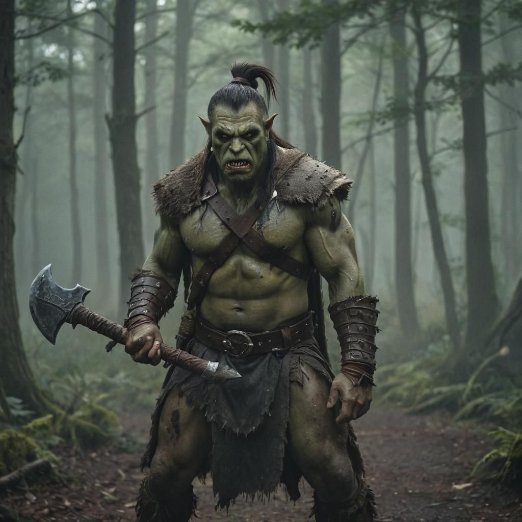 Green Orc Barbarian in Misty Forest, Cinematic Style