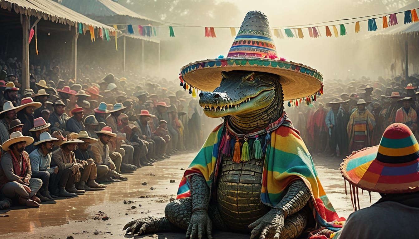 Humanoid Crocodile at Lucha Libre, Watercolor Style