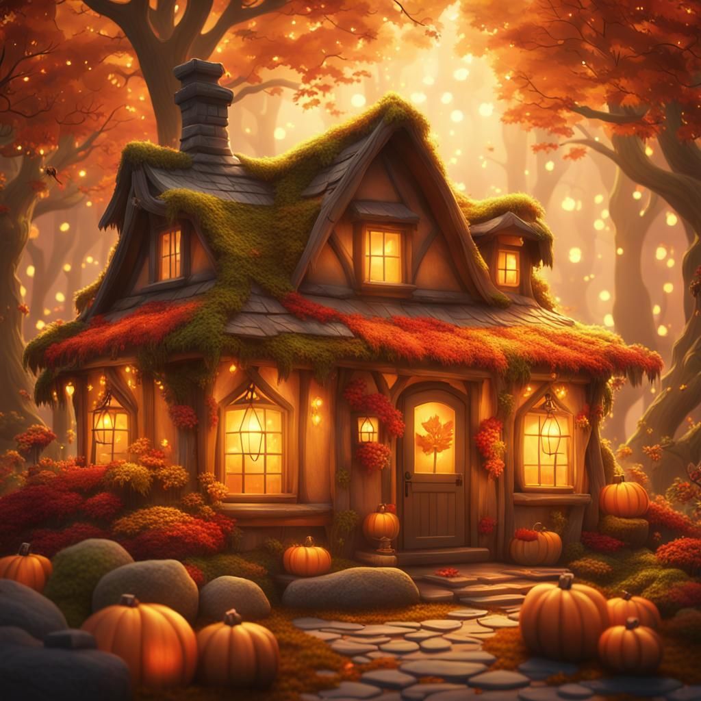 Whimsical Autumn Cottage with Glowing Lanterns
