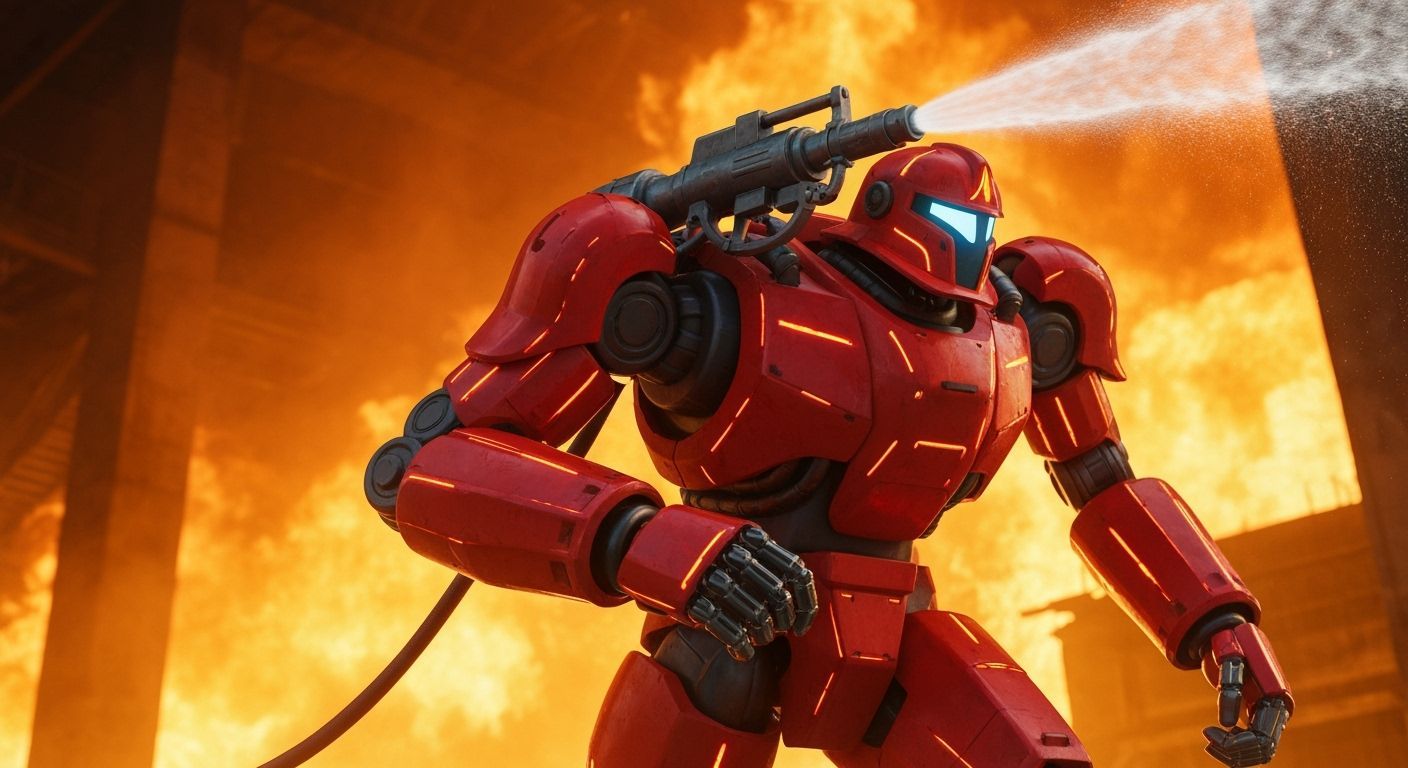 Firefighter Robot Sprays Water Cannon in Burning Building