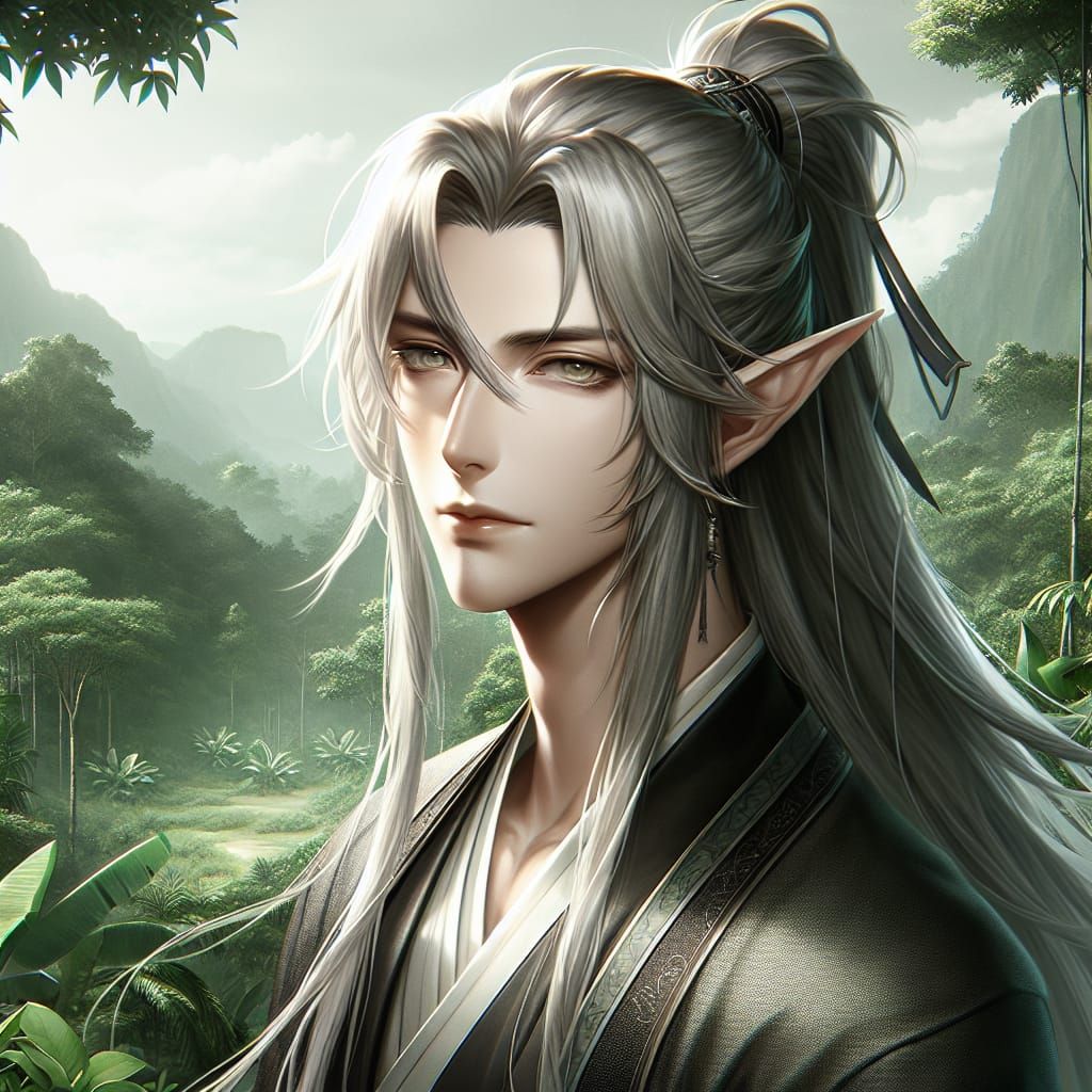 Feudal Asian Elf Portrait with Silver Hair