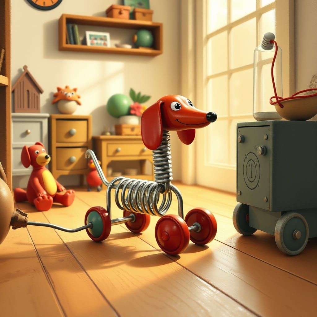 Vintage-Style Slinky Dog Toy in Whimsical Setting