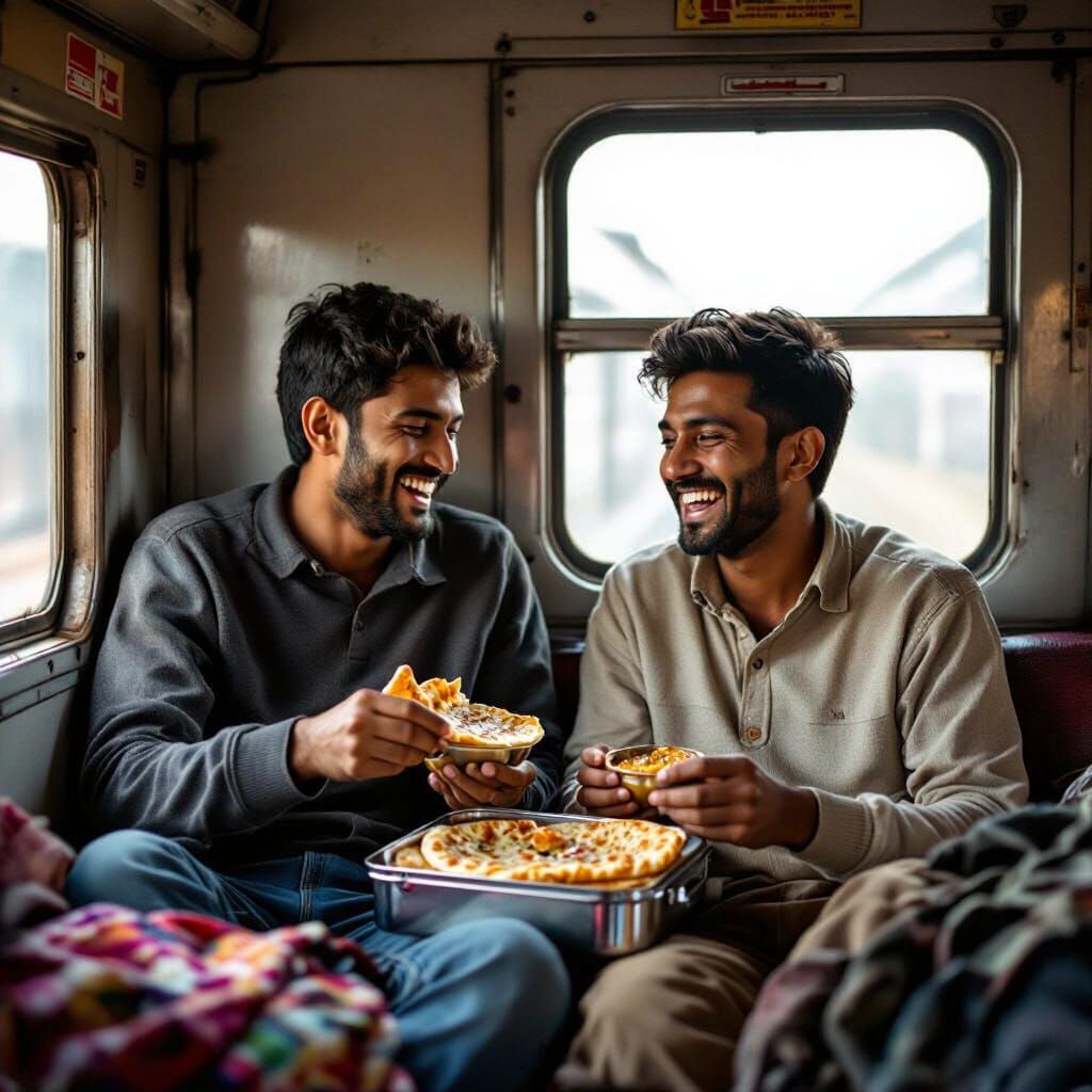 Indian Men Sharing Food on Train, Documentary Style
