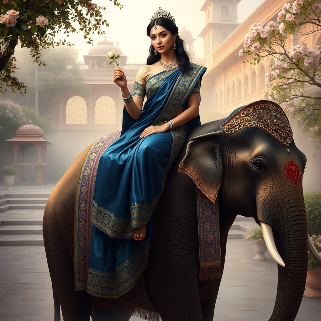 Indian Princess on Elephant in Ethereal Fantasy Style