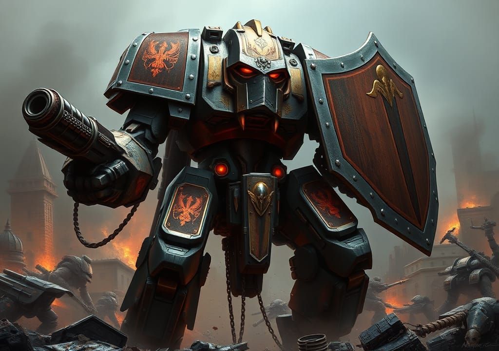 Imperial Knight Mecha in Grimdark Battle, Digital Painting