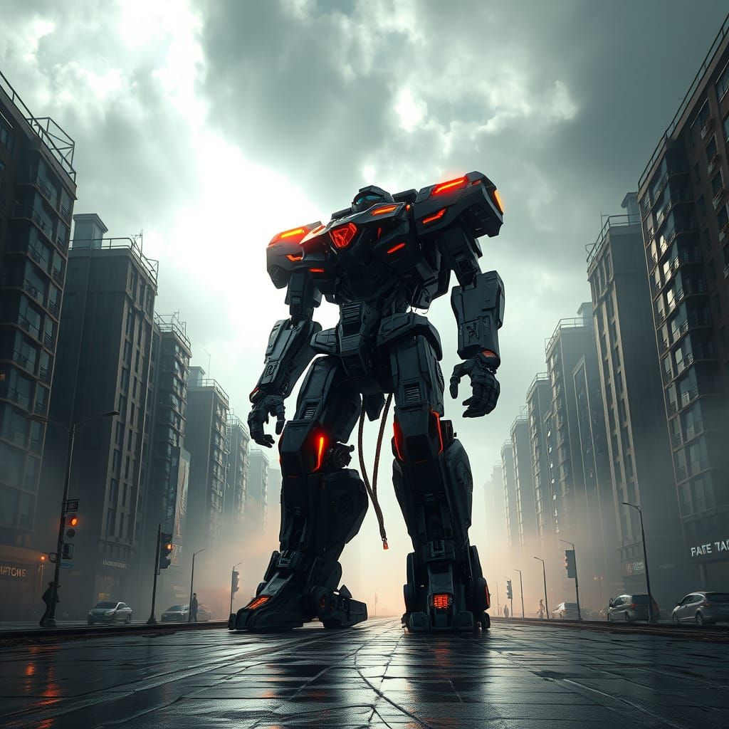 Cyberpunk Jaeger Robot Warrior Dominates Futuristic Cityscap...