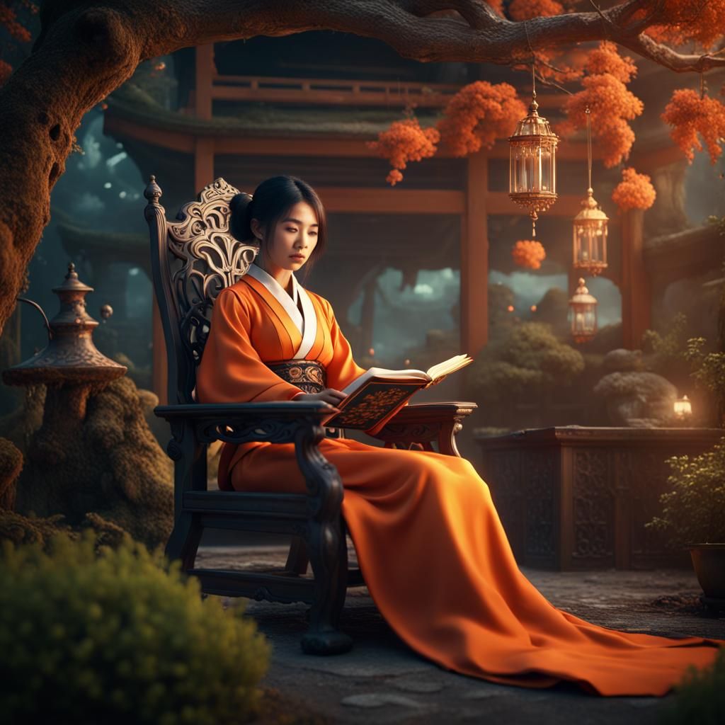 Japanese Magician Reads Book in Magical Garden