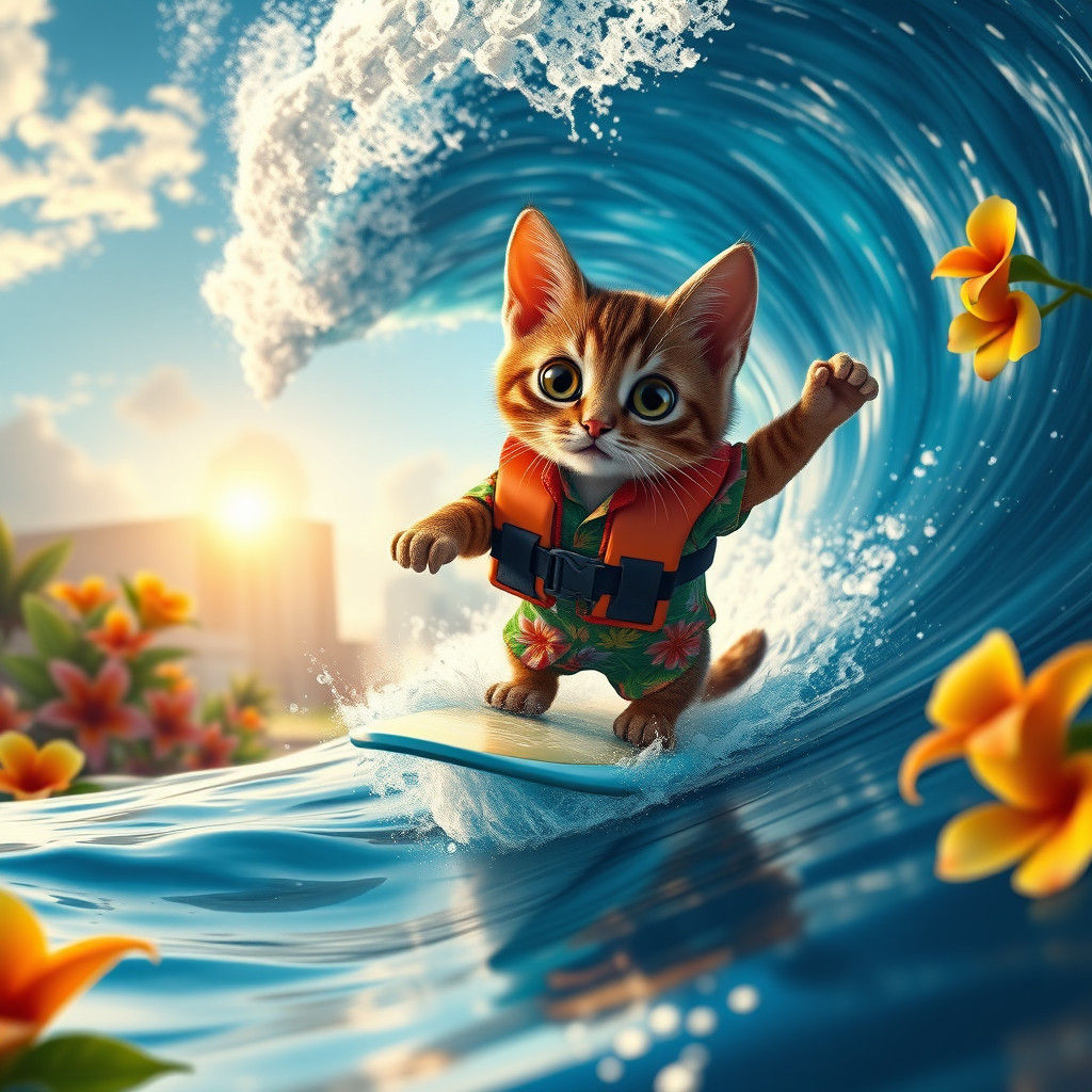 Cat Surfing a Wave in Hawaii, Detailed Matte Painting