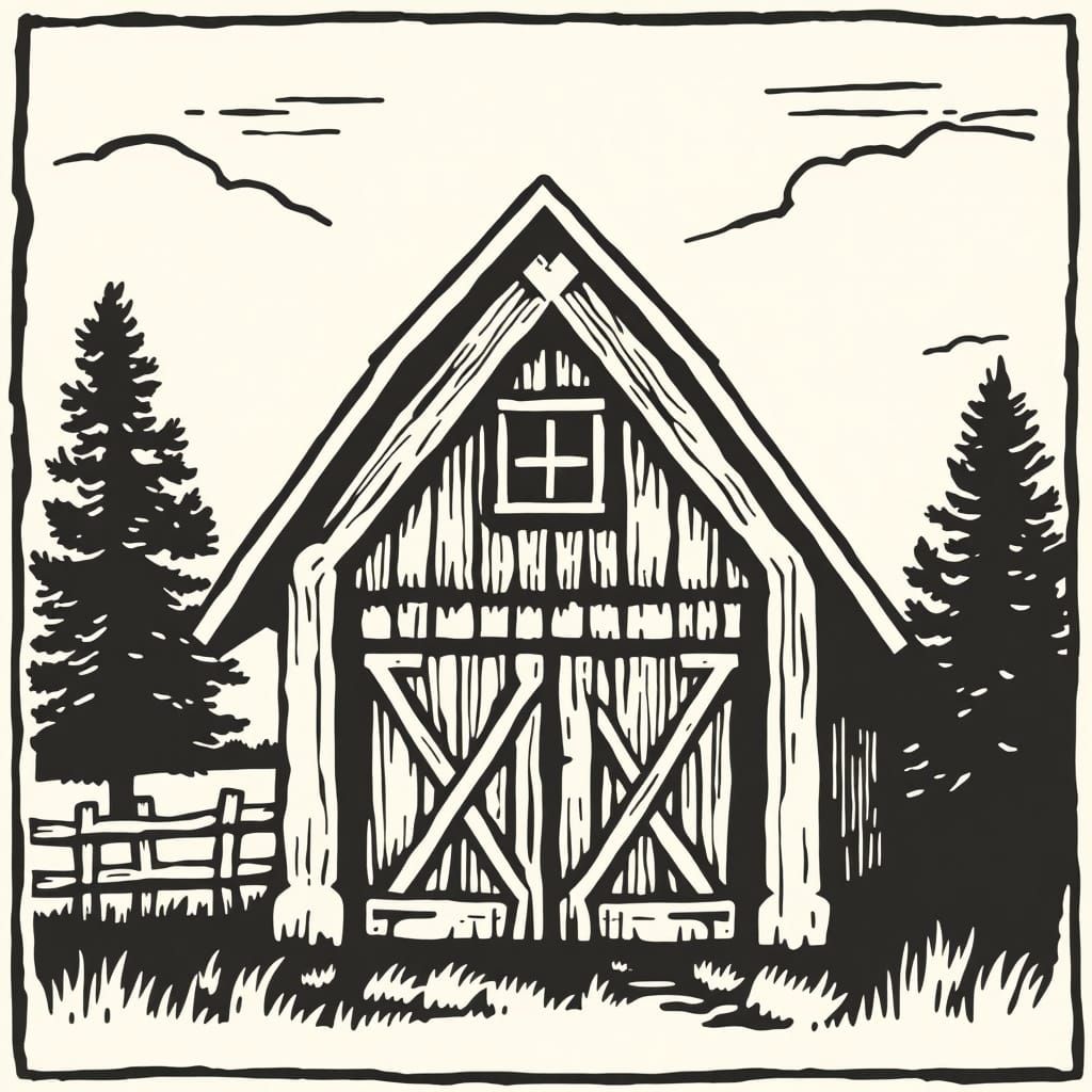 Traditional Barn Framing Logo in Woodcut Style