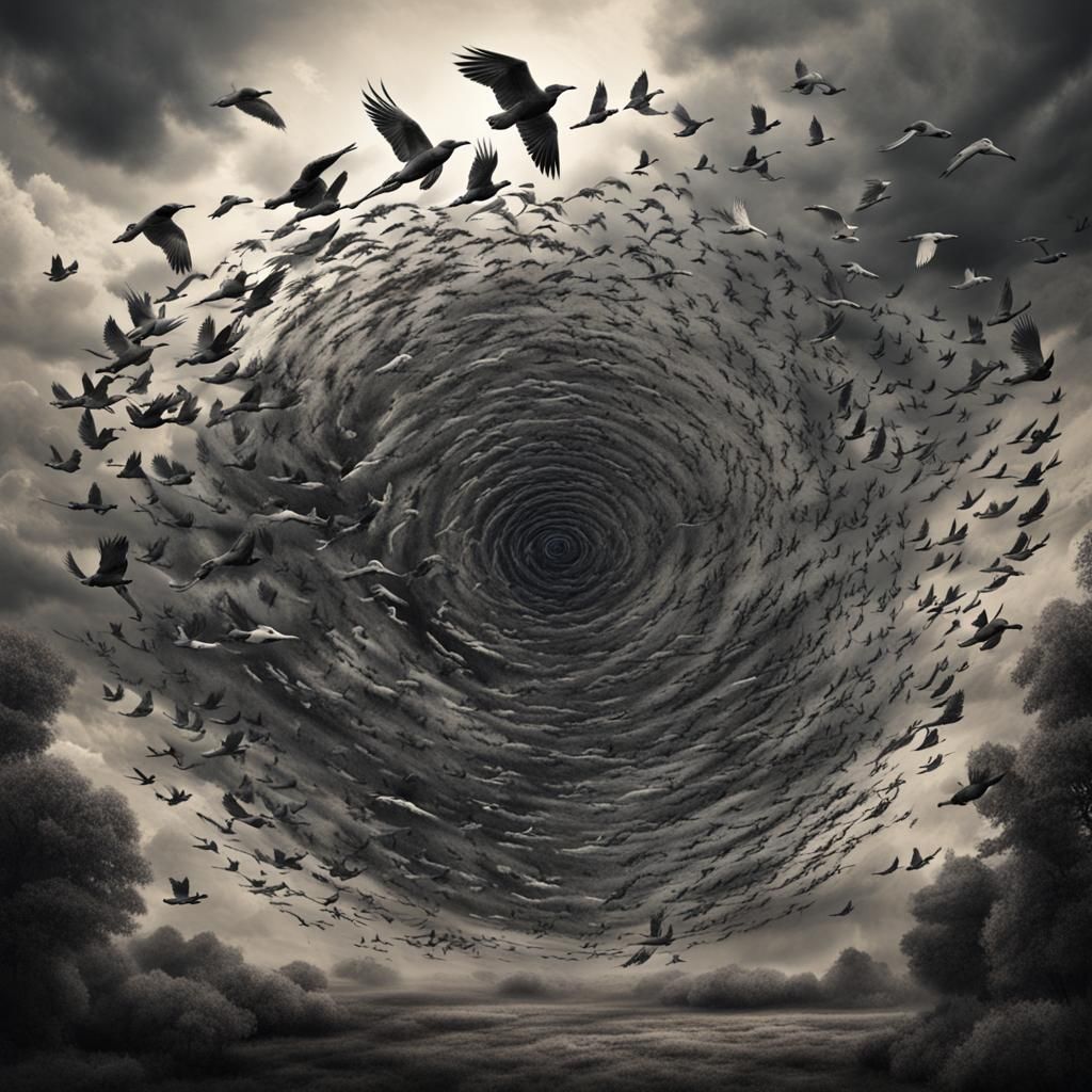 Dramatic Charcoal Spiral of Birds in Flight