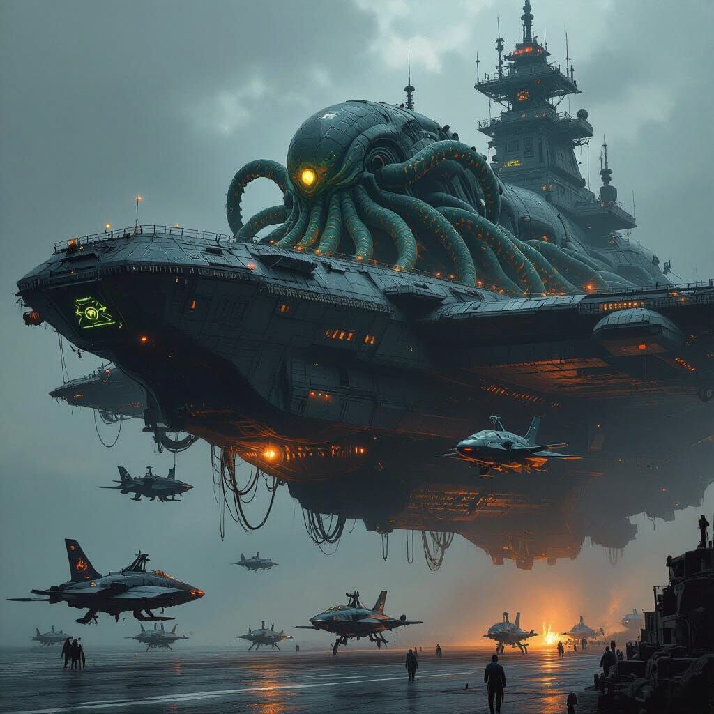 Cosmic Horror Aircraft Carrier with Cthulhu Planes