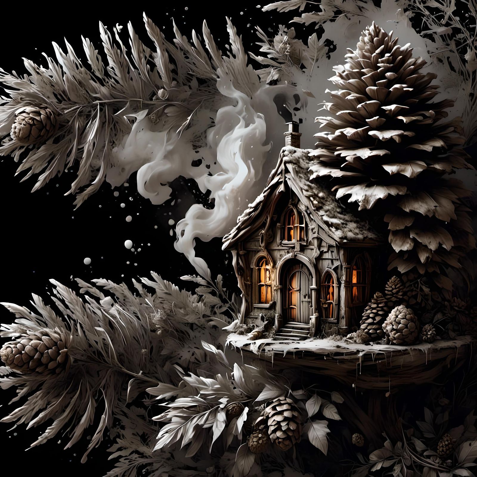 Pine Cone House with Fairy, Macro Photograph