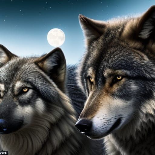 Wolves at Night Under Moonlight and Stars